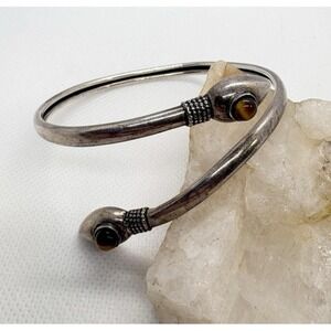 Vintage Sterling Silver Tiger's Eye Stones Open Cuff Large Bracelet 925 8" 14g
